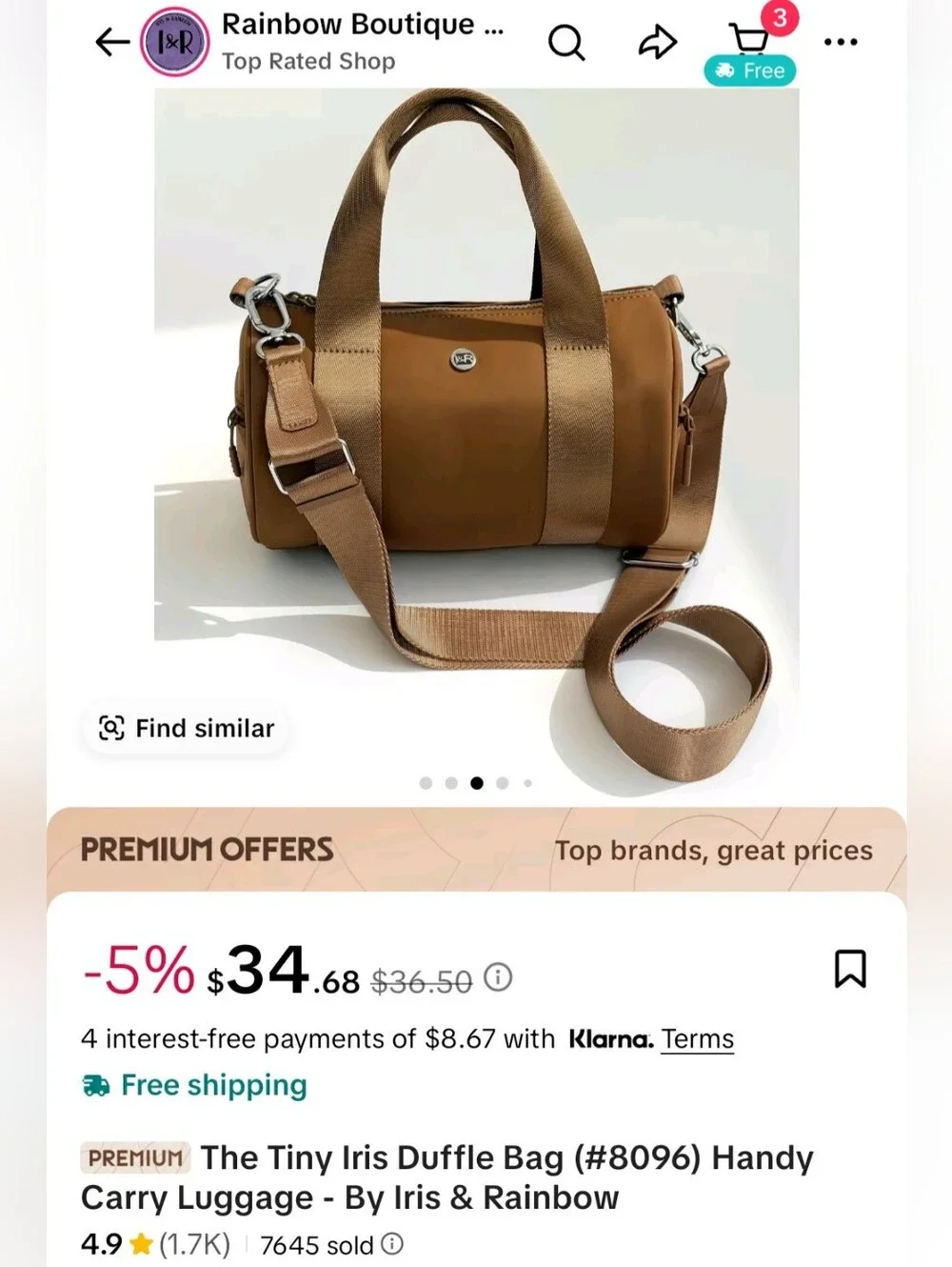 Tan Tiny Iris Duffle Bag with Adjustable crossbody Strap